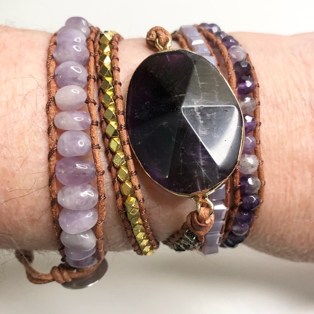 Leather Gold Natural Amethyst Quartz Wrap Bracelet